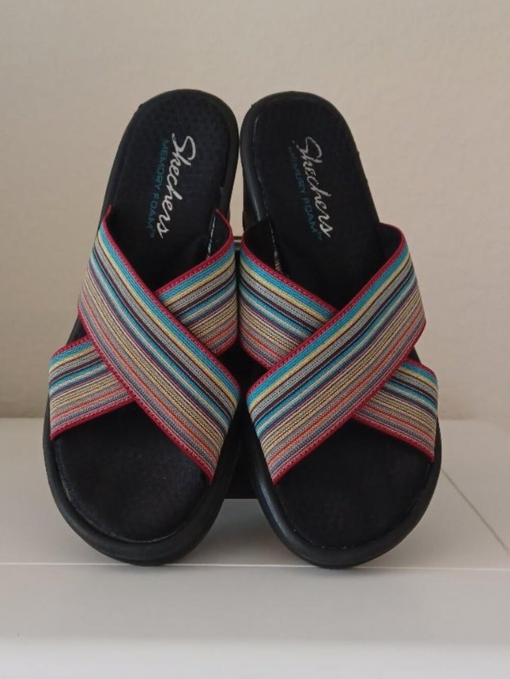 Skechers Memory Foam Striped Stretch Woven Wedge Sandals Size 7
